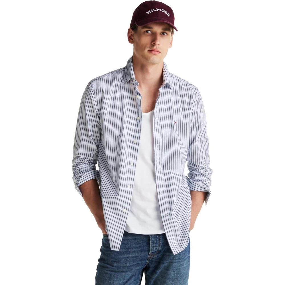 imageTommy Hilfiger Mens Long Sleeve Poplin Shirts in Regular Fit Mens Button Down Shirts Also Available in Big and TallSweet Blue Multi Stripe