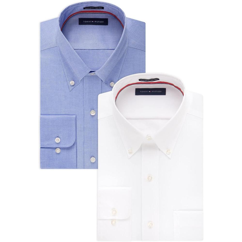 imageTommy Hilfiger Mens Non Iron Solid Button Collar Dress ShirtWhiteBlue