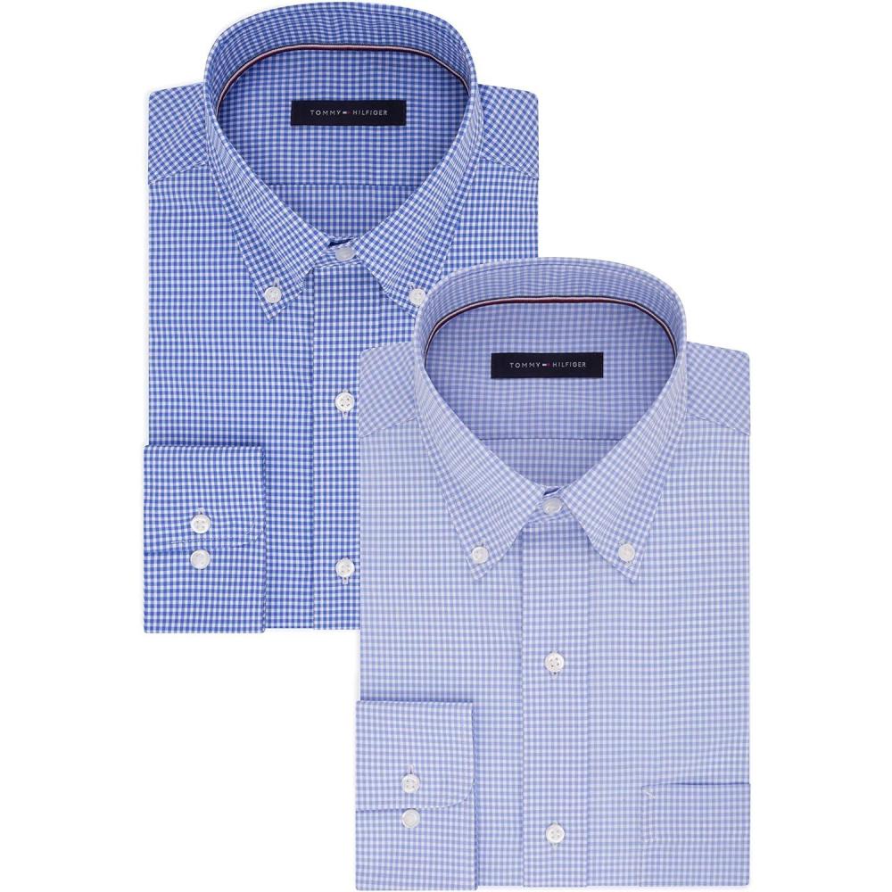 imageTommy Hilfiger Mens Regular Fit Non Iron Gingham Dress Shirt Amazon ExclusiveEnglish BlueClear Water