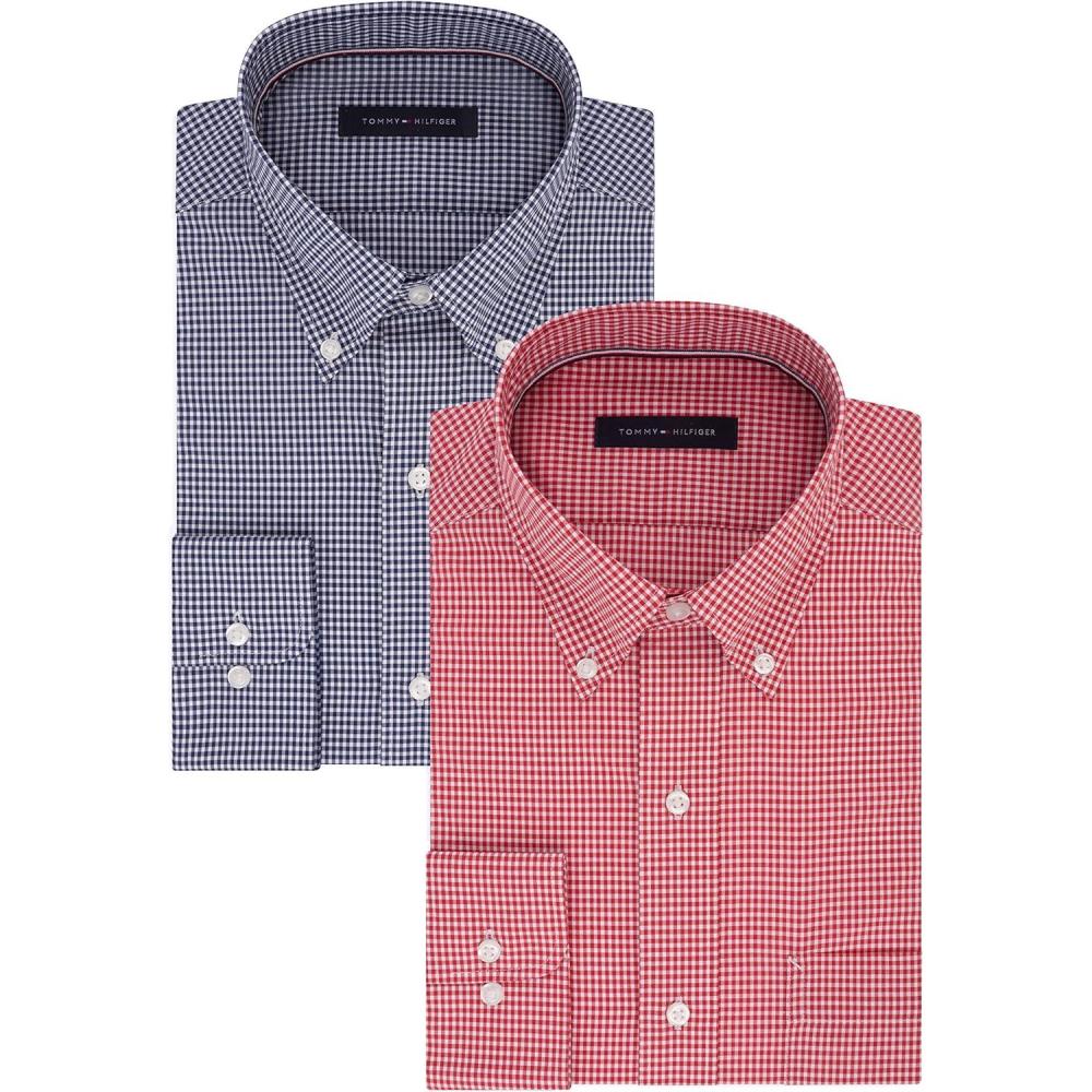 imageTommy Hilfiger Mens Regular Fit Non Iron Gingham Dress Shirt Amazon ExclusiveNavyLava