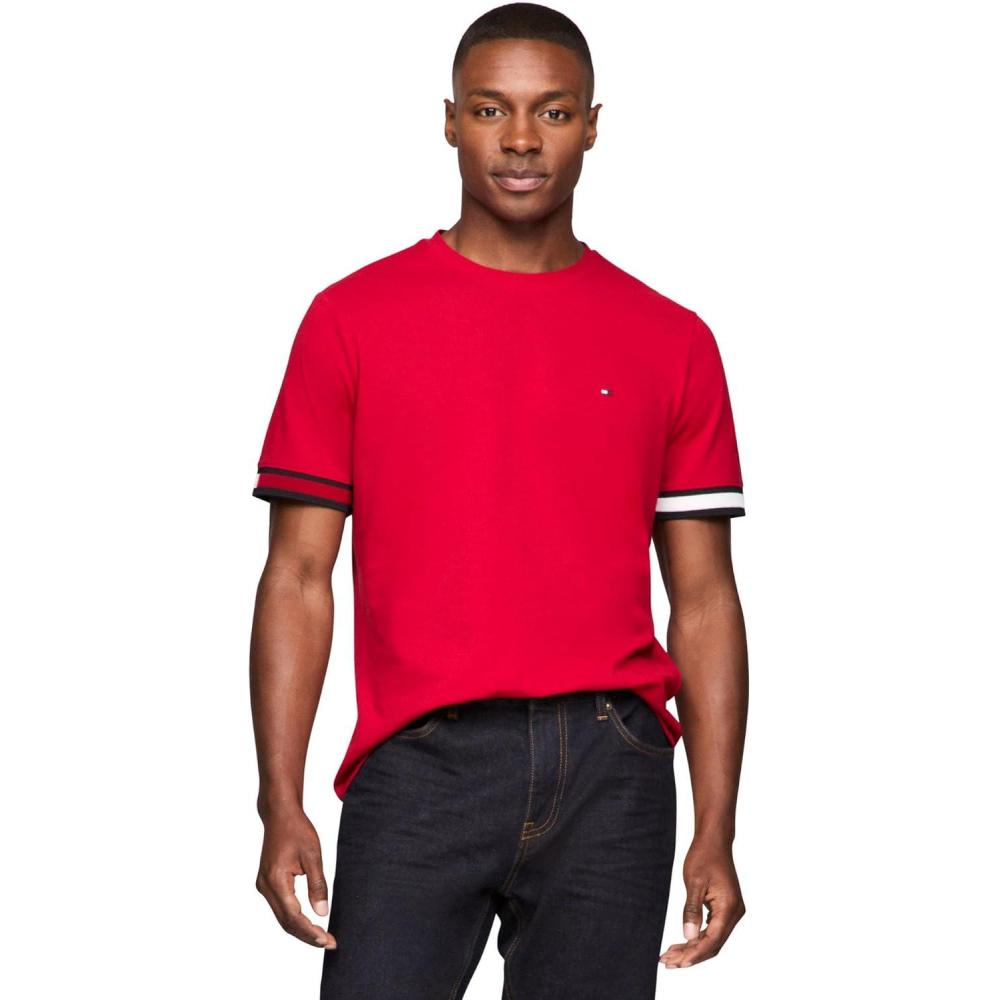 imageTommy Hilfiger Mens Short Sleeve Breathable Cotton TShirts with Cuff DesignMedium Red