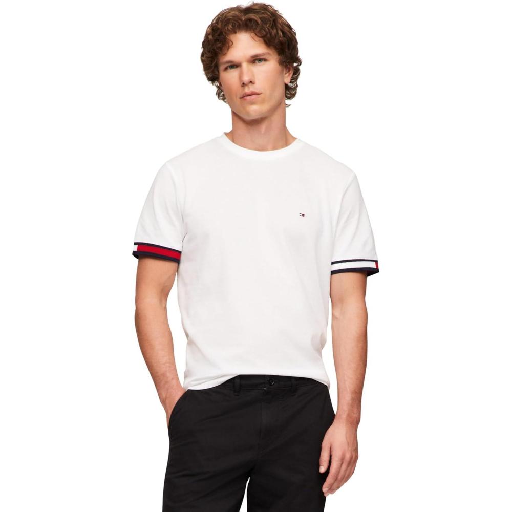 imageTommy Hilfiger Mens Short Sleeve Breathable Cotton TShirts with Cuff DesignWhite