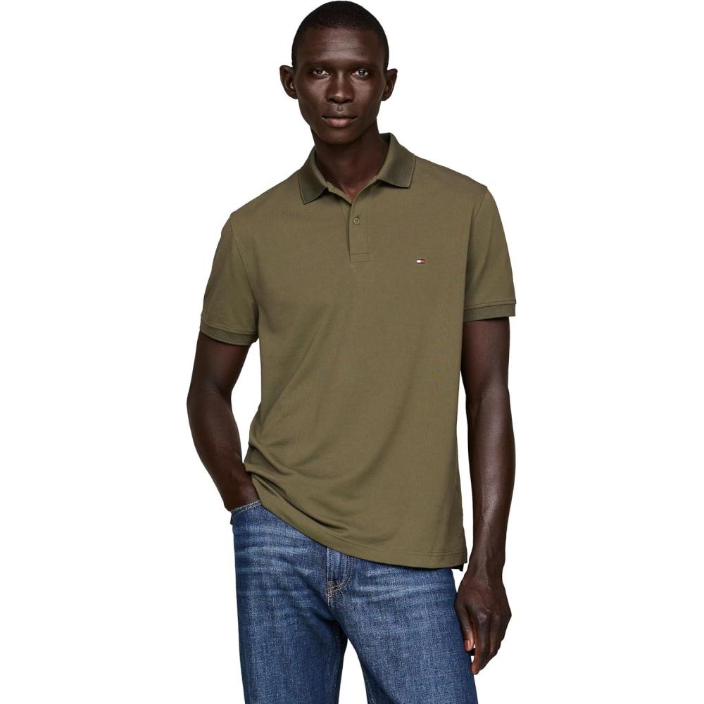 imageTommy Hilfiger Mens Short Sleeve Casual Dri Fit Polo Shirts in Regular Fit with Moisture Wicking and StretchArmy Green