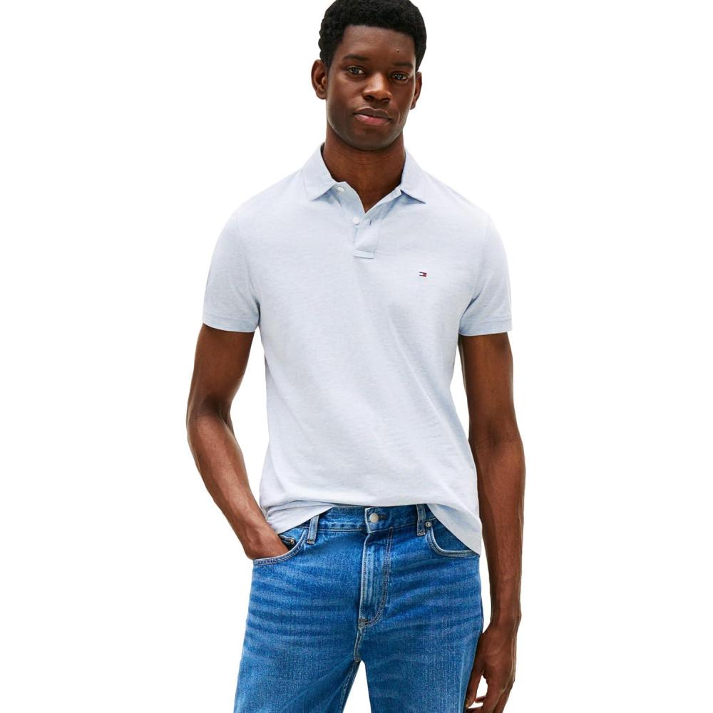 imageTommy Hilfiger Mens Short Sleeve Casual Dri Fit Polo Shirts in Regular Fit with Moisture Wicking and StretchHeathered Blue Bros