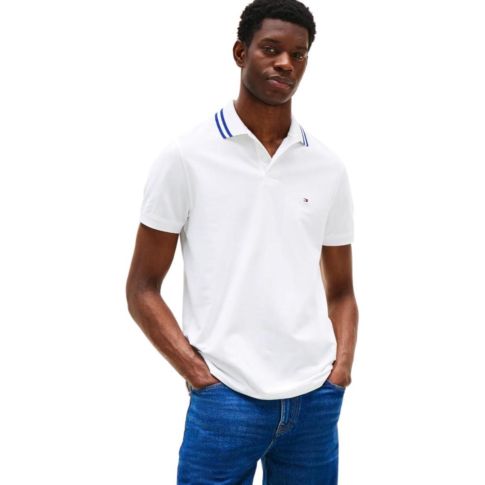 imageTommy Hilfiger Mens Short Sleeve Casual Dri Fit Polo Shirts in Regular Fit with Moisture Wicking and StretchWhite Tipped