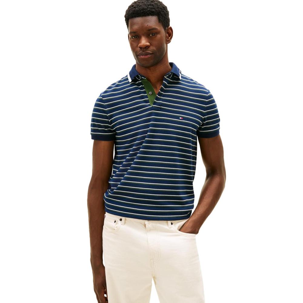 imageTommy Hilfiger Mens Short Sleeve Casual Dri Fit Polo Shirts in Regular Fit with Stretch and Graphic Collar DetailDark Night Navy Artic Spruce