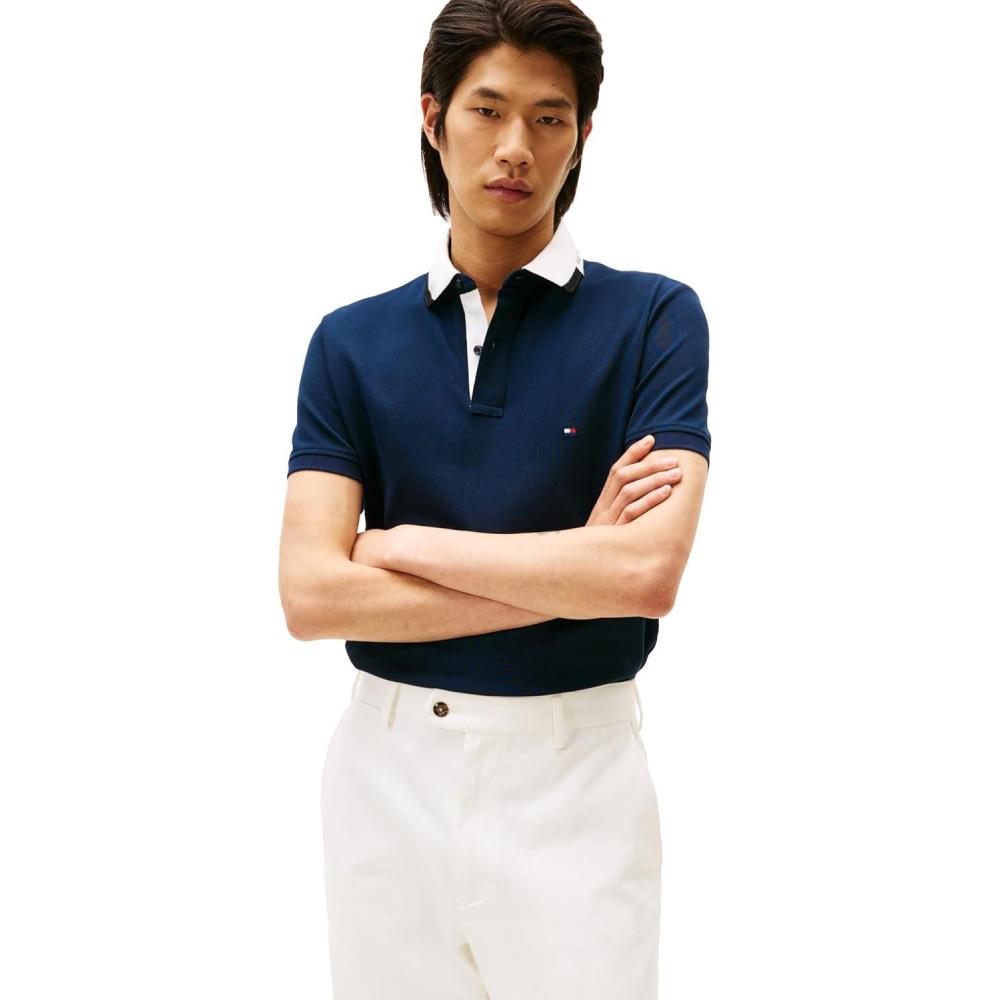 imageTommy Hilfiger Mens Short Sleeve Casual Dri Fit Polo Shirts in Regular Fit with Stretch and Graphic Collar DetailDark Night Navy