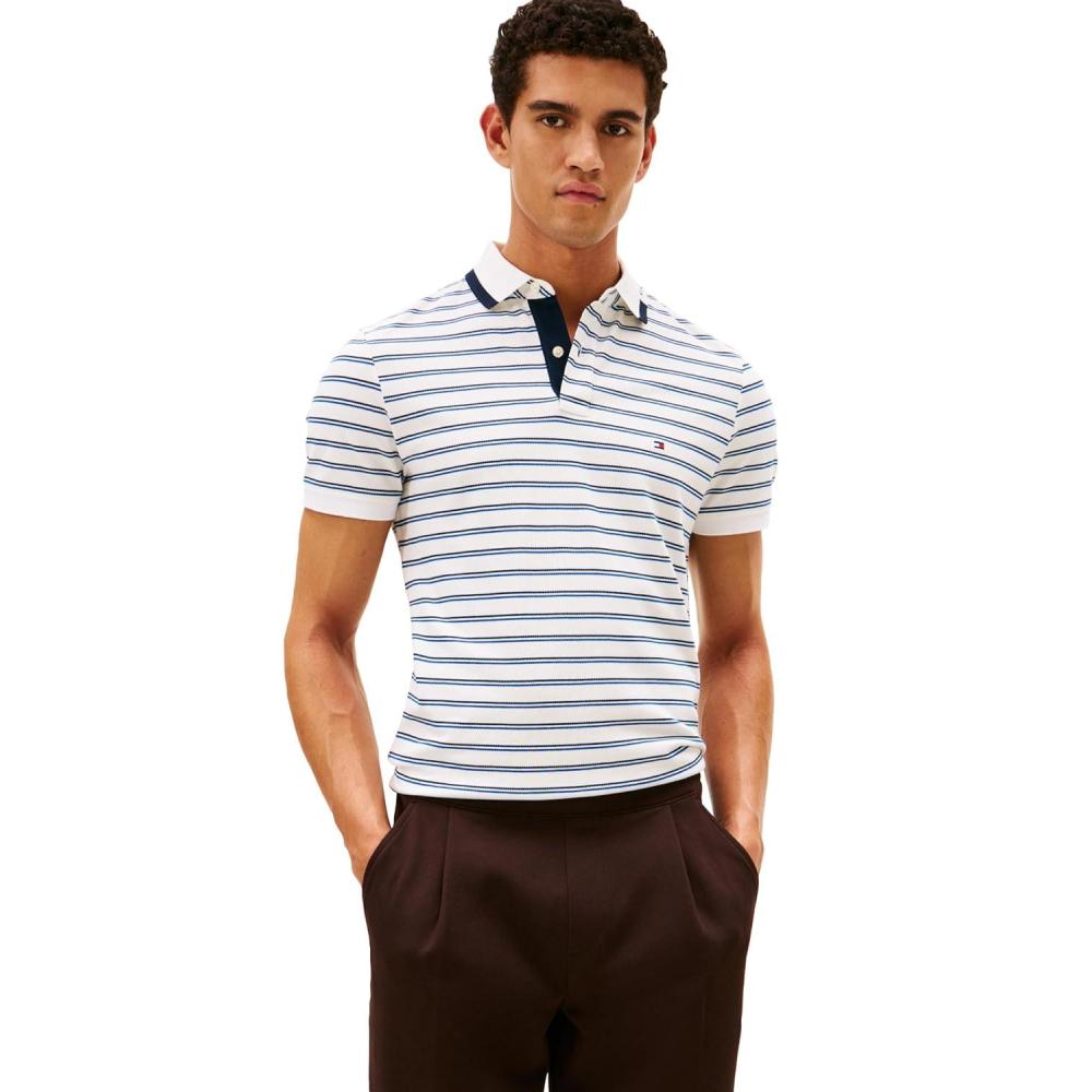 imageTommy Hilfiger Mens Short Sleeve Casual Dri Fit Polo Shirts in Regular Fit with Stretch and Graphic Collar DetailEcru Dark Night Navy
