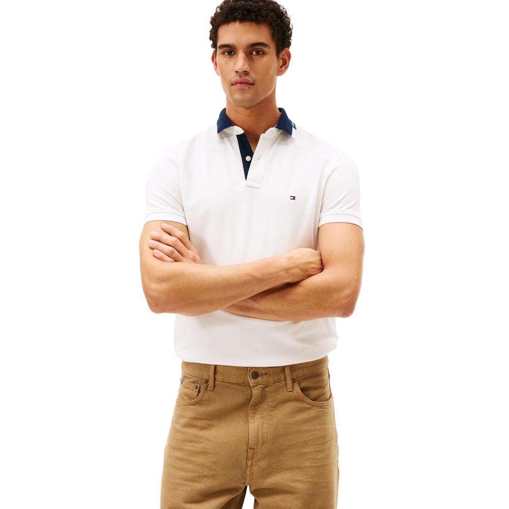 imageTommy Hilfiger Mens Short Sleeve Casual Dri Fit Polo Shirts in Regular Fit with Stretch and Graphic Collar DetailEcru