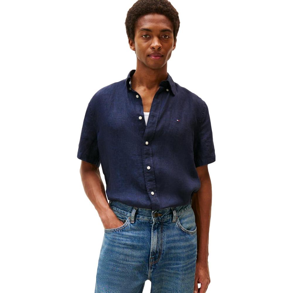 imageTommy Hilfiger Mens Short Sleeve Casual Linen Button Down Shirts in Regular FitDesert Sky