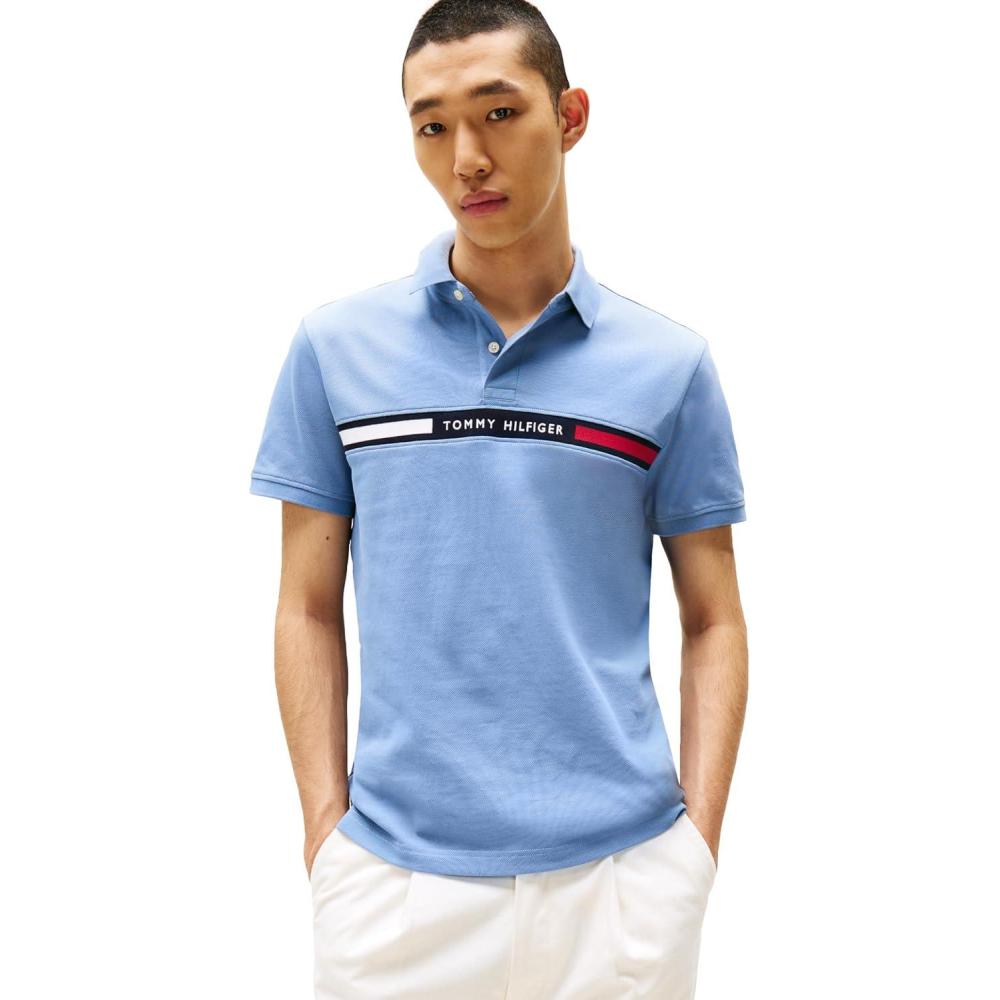imageTommy Hilfiger Mens Short Sleeve Casual Polo Shirts in Regular Fit with Chest Logo DesignsBrisk Blue