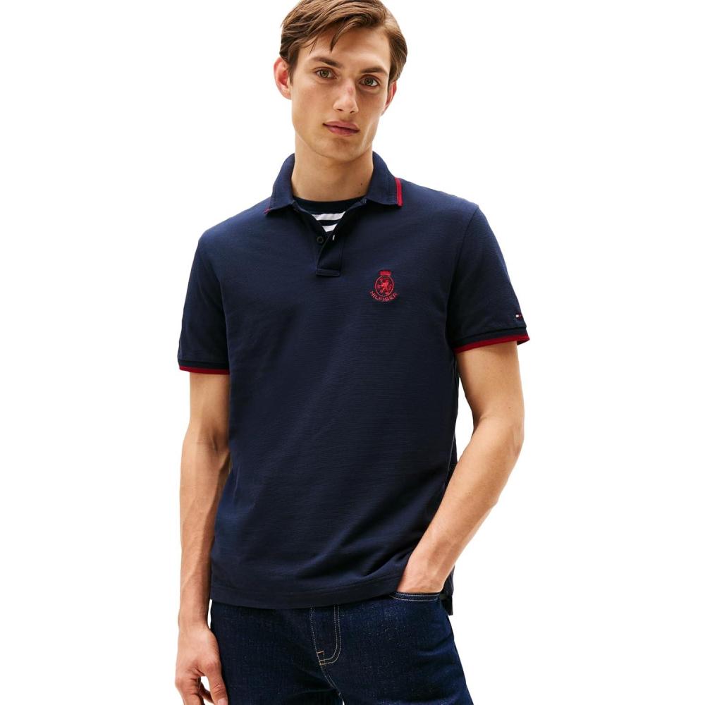 imageTommy Hilfiger Mens Short Sleeve Casual Polo Shirts in Regular Fit with Embroidered Crest DesignDesert Sky