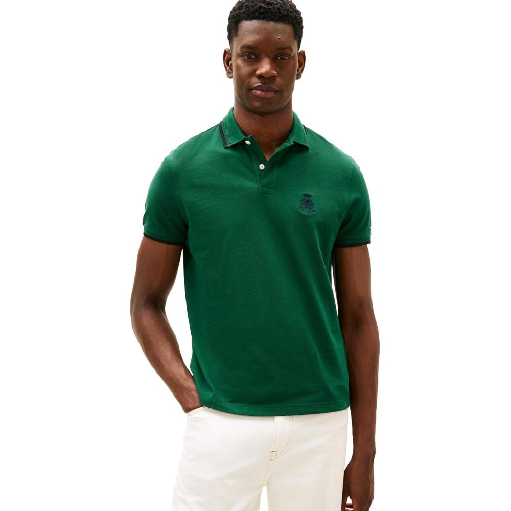 imageTommy Hilfiger Mens Short Sleeve Casual Polo Shirts in Regular Fit with Embroidered Crest DesignOrnamental Green