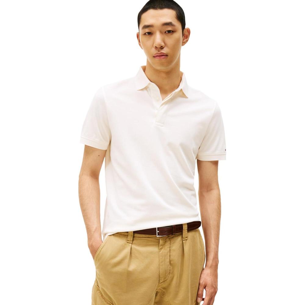 imageTommy Hilfiger Mens Short Sleeve Casual Polo Shirts in Regular Fit with Hidden Placket DesignIvory Petal