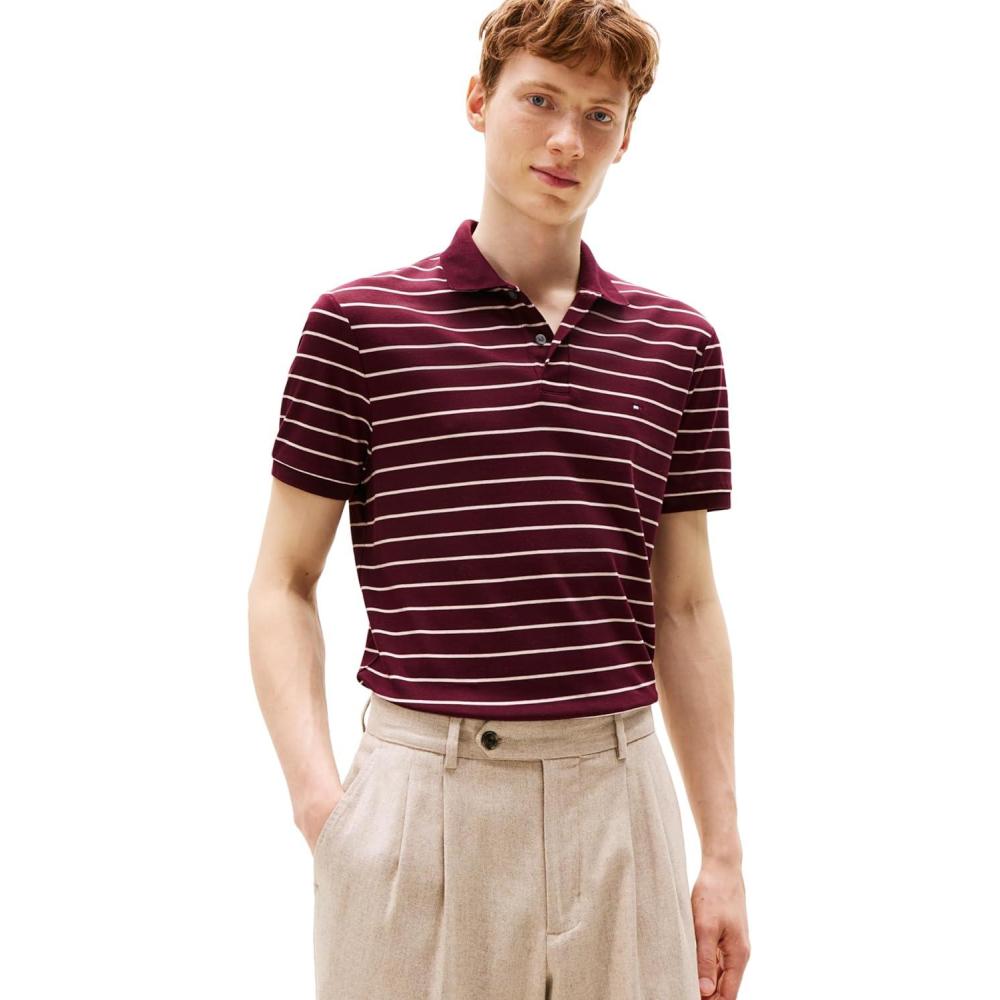imageTommy Hilfiger Mens Short Sleeve Casual Polo Shirts in Regular Fit with Liquid CottonDeep Burgundy Oatmilk Heather