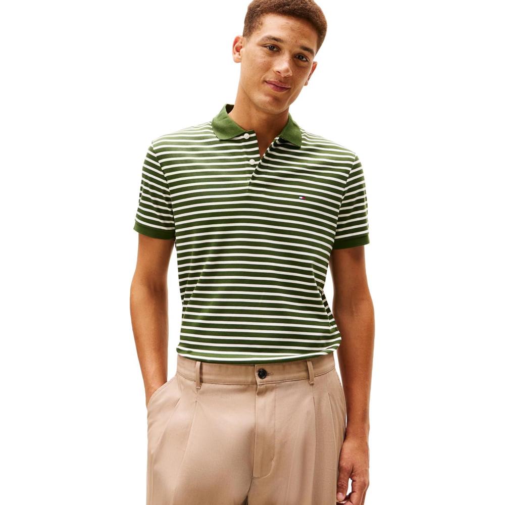 imageTommy Hilfiger Mens Short Sleeve Casual Polo Shirts in Regular Fit with Liquid CottonMountain Pine Ivory Petal