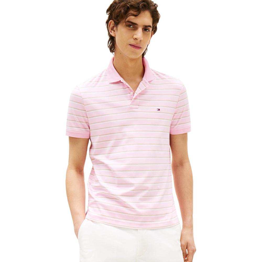 imageTommy Hilfiger Mens Short Sleeve Casual Polo Shirts in Regular Fit with Liquid CottonPink Stripe
