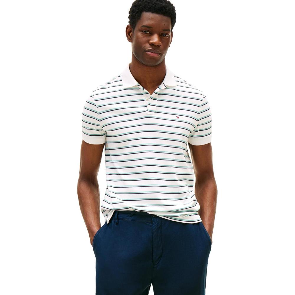 imageTommy Hilfiger Mens Short Sleeve Casual Polo Shirts in Regular Fit with Liquid CottonWhiteMulti Stripe