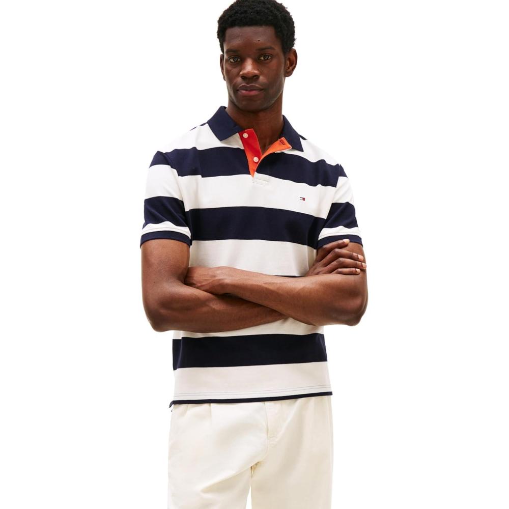 imageTommy Hilfiger Mens Short Sleeve Casual Polo Shirts in Regular Fit with Rugby Stripe DesignsDesert Sky Ivory Petal