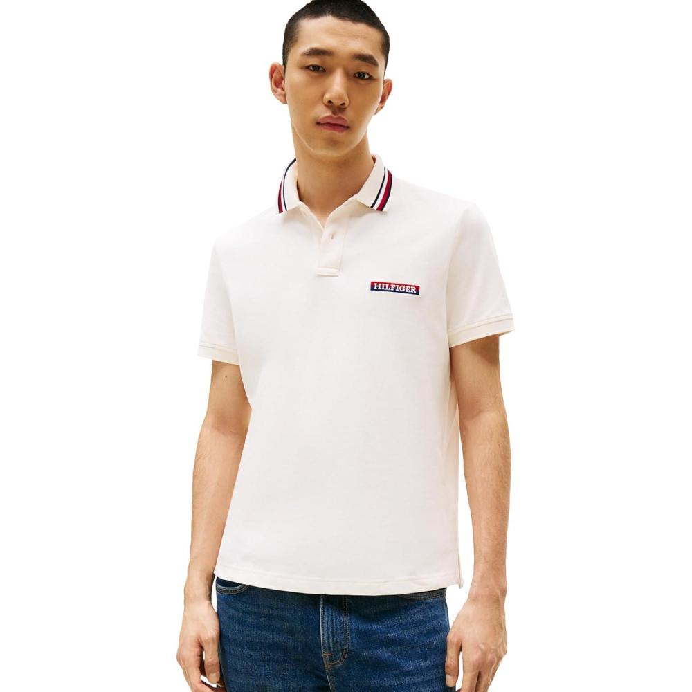 imageTommy Hilfiger Mens Short Sleeve Casual Polo Shirts in Regular Fit with Stretch and Collar DesignsIvory Petal