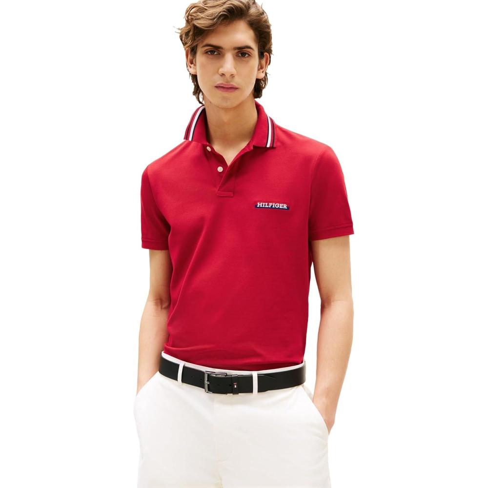 imageTommy Hilfiger Mens Short Sleeve Casual Polo Shirts in Regular Fit with Stretch and Collar DesignsMedium Red