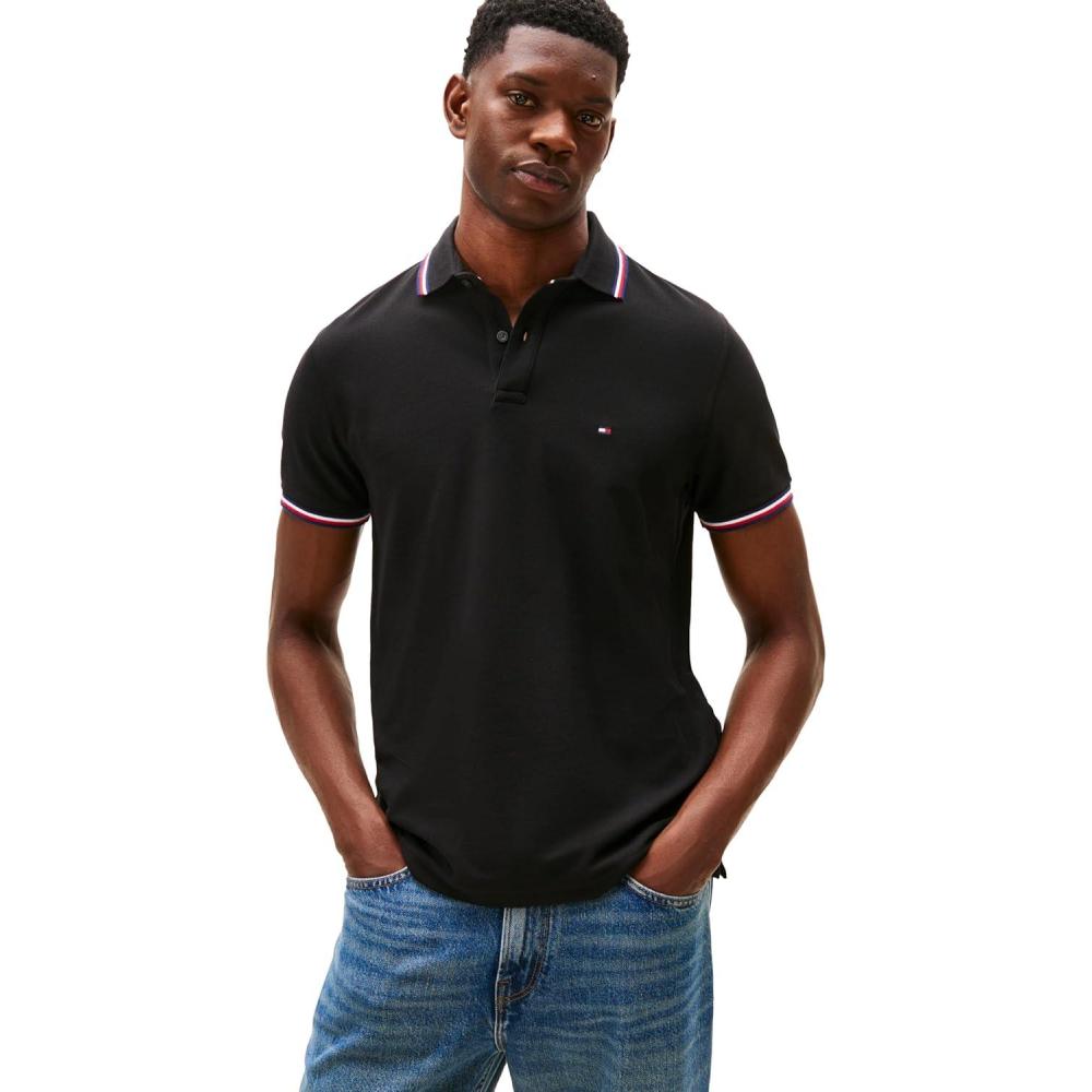 imageTommy Hilfiger Mens Short Sleeve Casual Polo Shirts in Regular Fit with Stretch and Cuff DesignsDark Sable