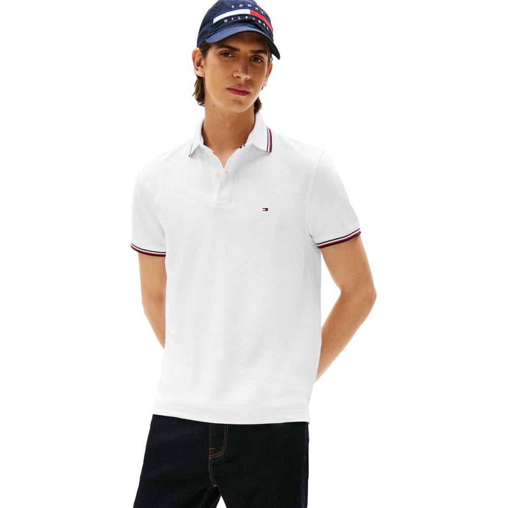 imageTommy Hilfiger Mens Short Sleeve Casual Polo Shirts in Regular Fit with Stretch and Cuff DesignsFresh White