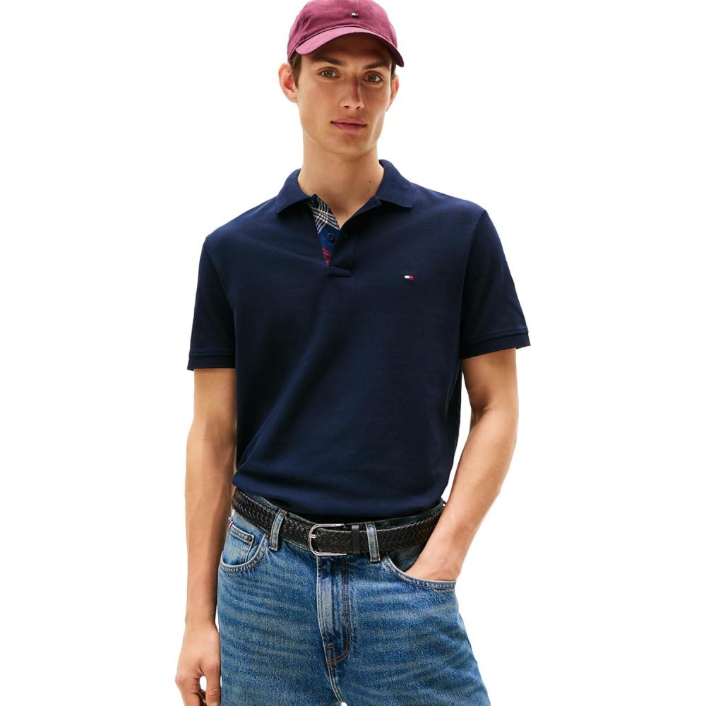 imageTommy Hilfiger Mens Short Sleeve Casual Polo Shirts in Regular Fit with Stretch and Hidden Placket DesignDesert Sky