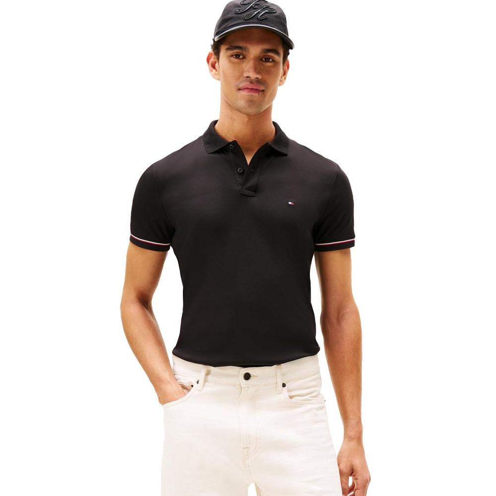 imageTommy Hilfiger Mens Short Sleeve Casual Polo Shirts in Slim Fit with Liquid Cotton and Cuff DesignsBlack