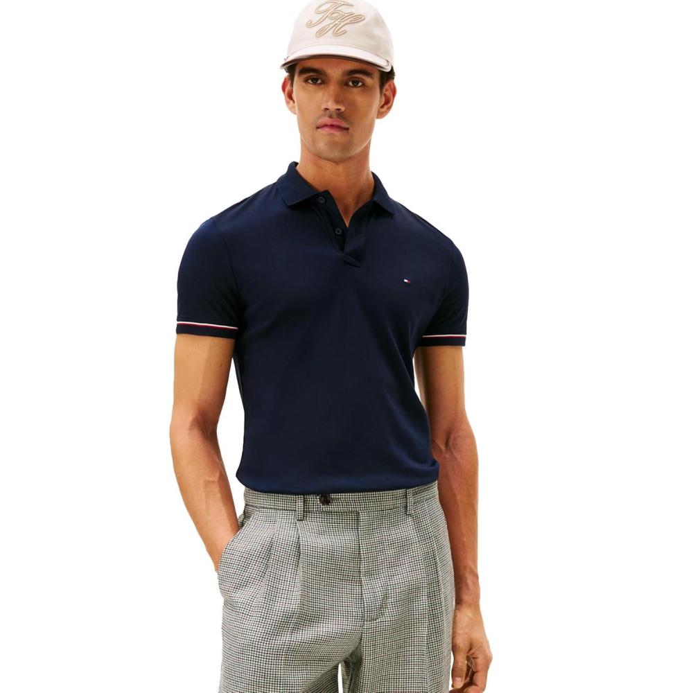 imageTommy Hilfiger Mens Short Sleeve Casual Polo Shirts in Slim Fit with Liquid Cotton and Cuff DesignsDesert Sky
