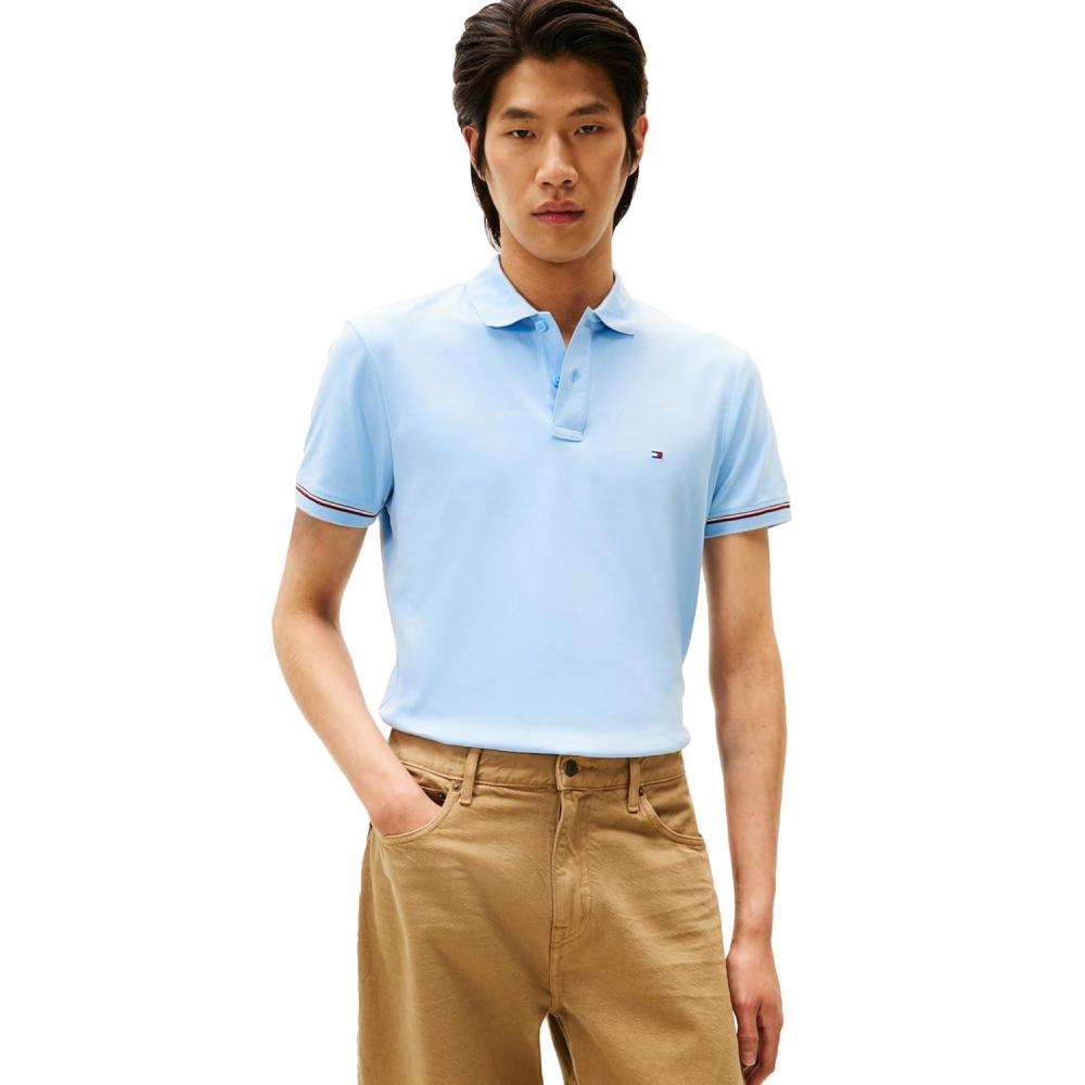 imageTommy Hilfiger Mens Short Sleeve Casual Polo Shirts in Slim Fit with Liquid Cotton and Cuff DesignsWell Water