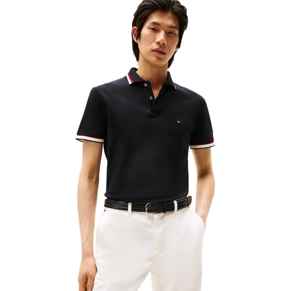 imageTommy Hilfiger Mens Short Sleeve Casual Polo Shirts in Slim Fit with Stretch and Cuff DesignsBlack