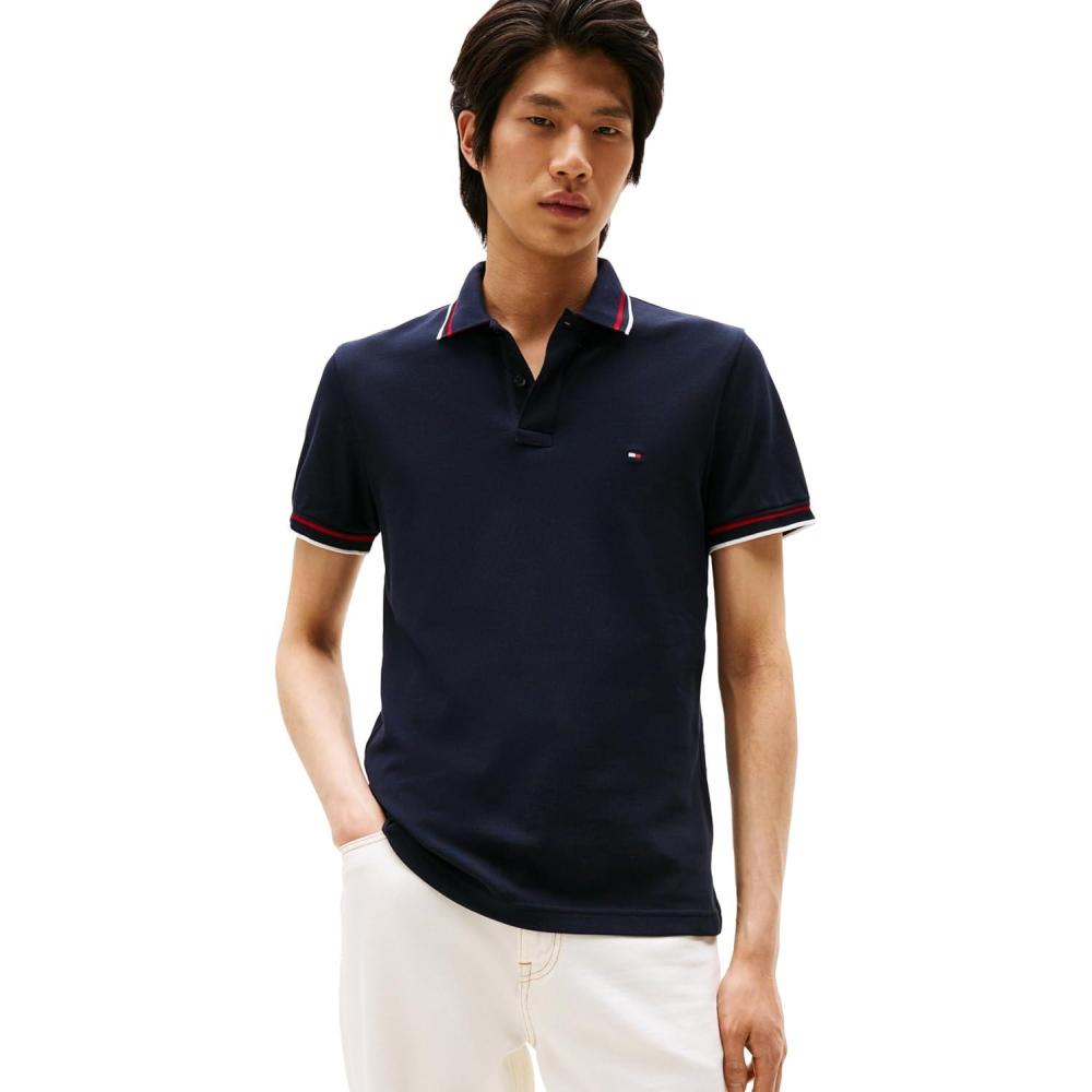 imageTommy Hilfiger Mens Short Sleeve Casual Polo Shirts in Slim Fit with Stretch and Cuff DesignsDesert Sky