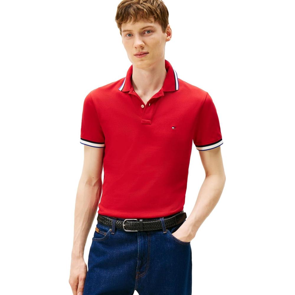 imageTommy Hilfiger Mens Short Sleeve Casual Polo Shirts in Slim Fit with Stretch and Cuff DesignsMedium Red