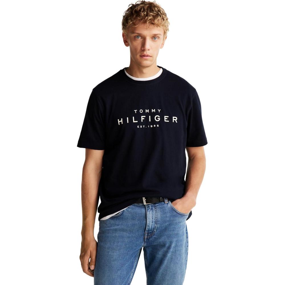 imageTommy Hilfiger Mens Short Sleeve Cotton Graphic TShirt with Printed Logo Also Available in Big ampamp TallDesert Sky