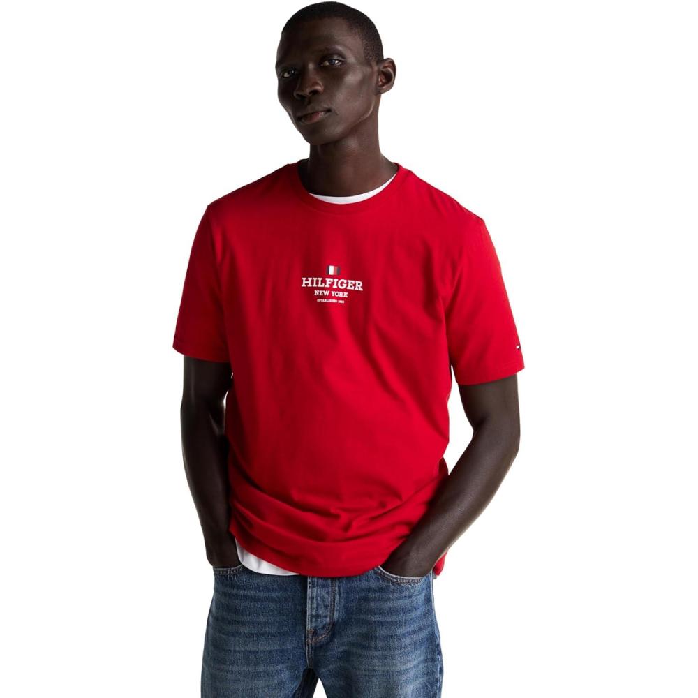 imageTommy Hilfiger Mens Short Sleeve Cotton Graphic TShirt with Printed LogoMedium Red