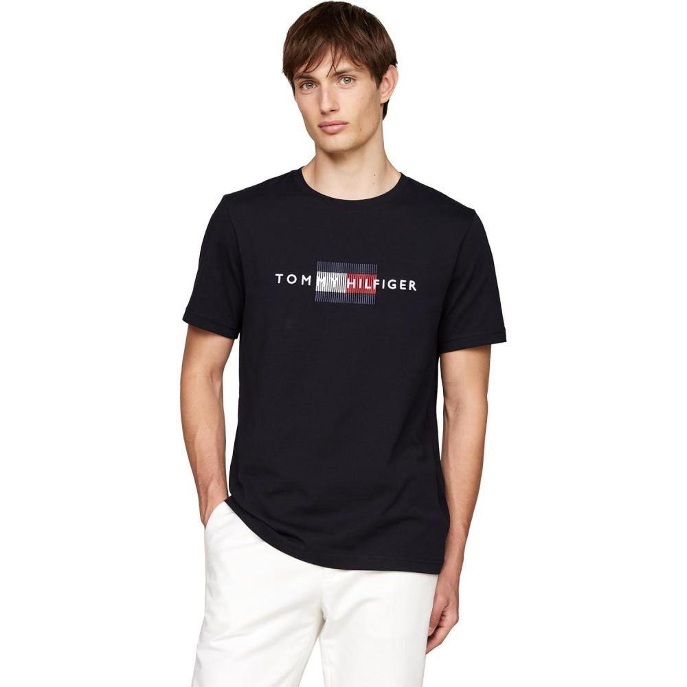 imageTommy Hilfiger Mens Short Sleeve Cotton Graphic TShirts with Embroidered Flag Logo Also Available in Big ampamp TallDesert Sky