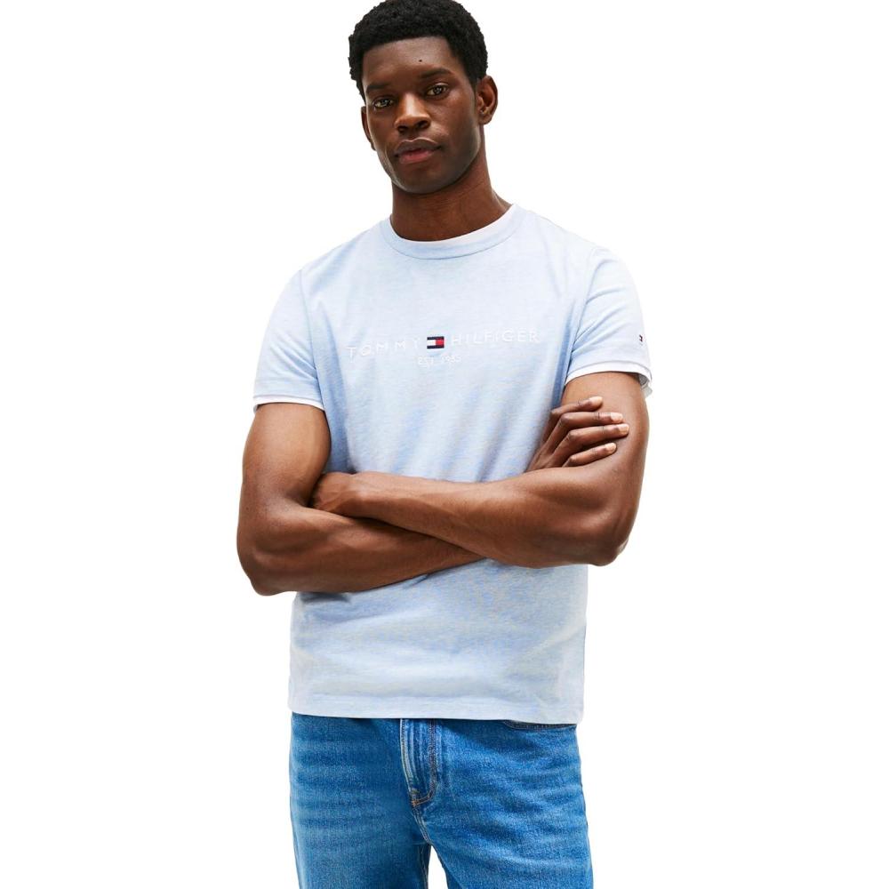 imageTommy Hilfiger Mens Short Sleeve Cotton Graphic TShirts with Embroidered LogoHeathered Blue