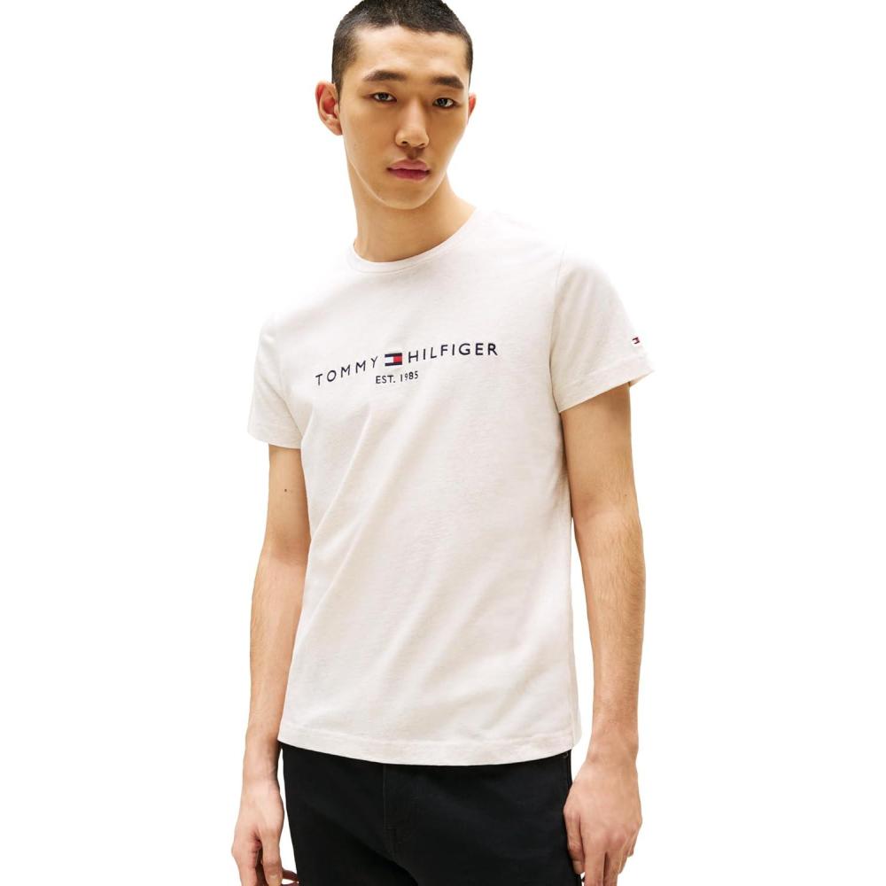 imageTommy Hilfiger Mens Short Sleeve Cotton Graphic TShirts with Embroidered LogoHeathered Oatmilk