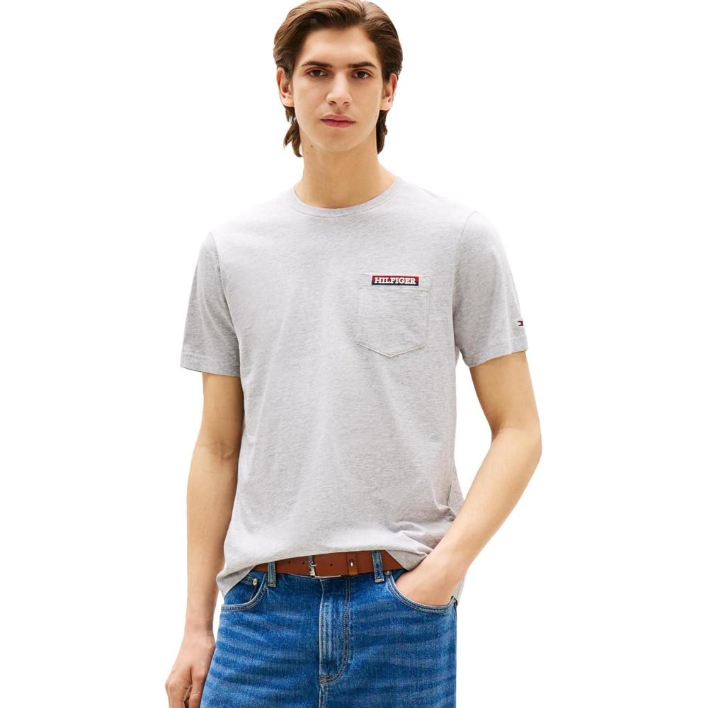 imageTommy Hilfiger Mens Short Sleeve Cotton Graphic TShirts with Pocket and LogoLight Grey Heather