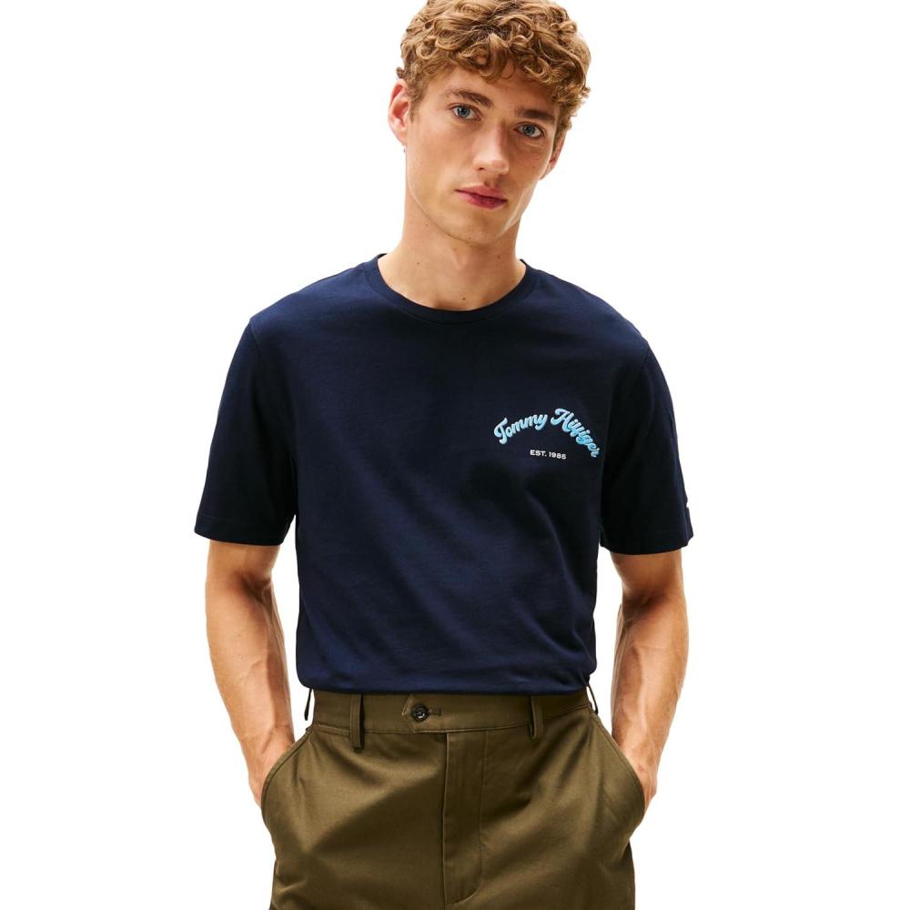 imageTommy Hilfiger Mens Short Sleeve Cotton Graphic TShirts with Printed Arched Back GraphicDesert Sky