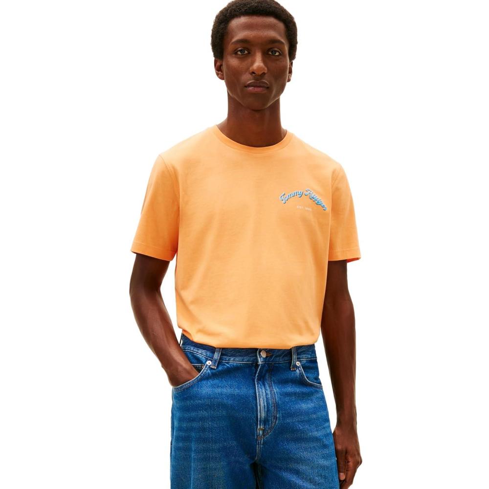 imageTommy Hilfiger Mens Short Sleeve Cotton Graphic TShirts with Printed Arched Back GraphicFruity Orange