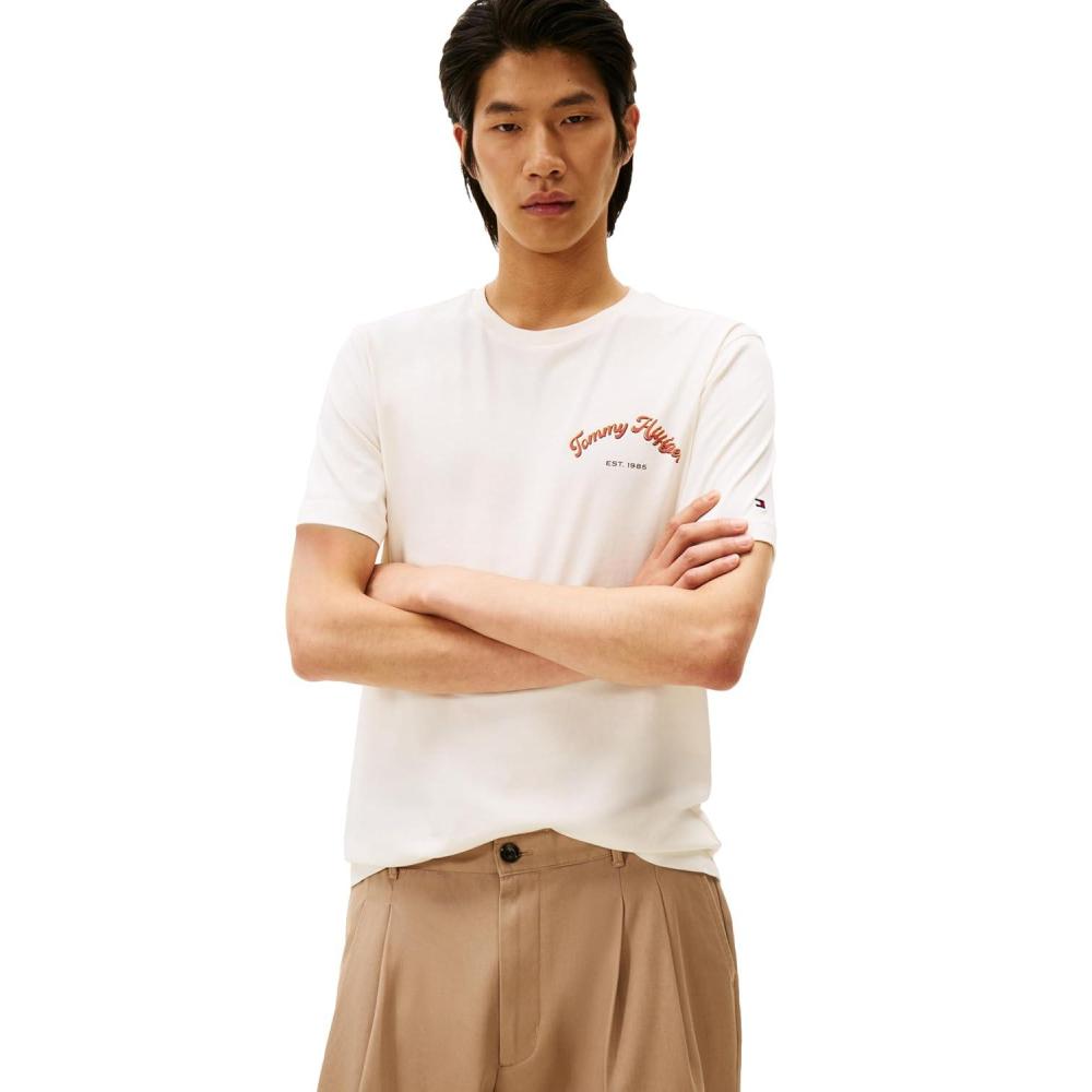 imageTommy Hilfiger Mens Short Sleeve Cotton Graphic TShirts with Printed Arched Back GraphicIvory Petal