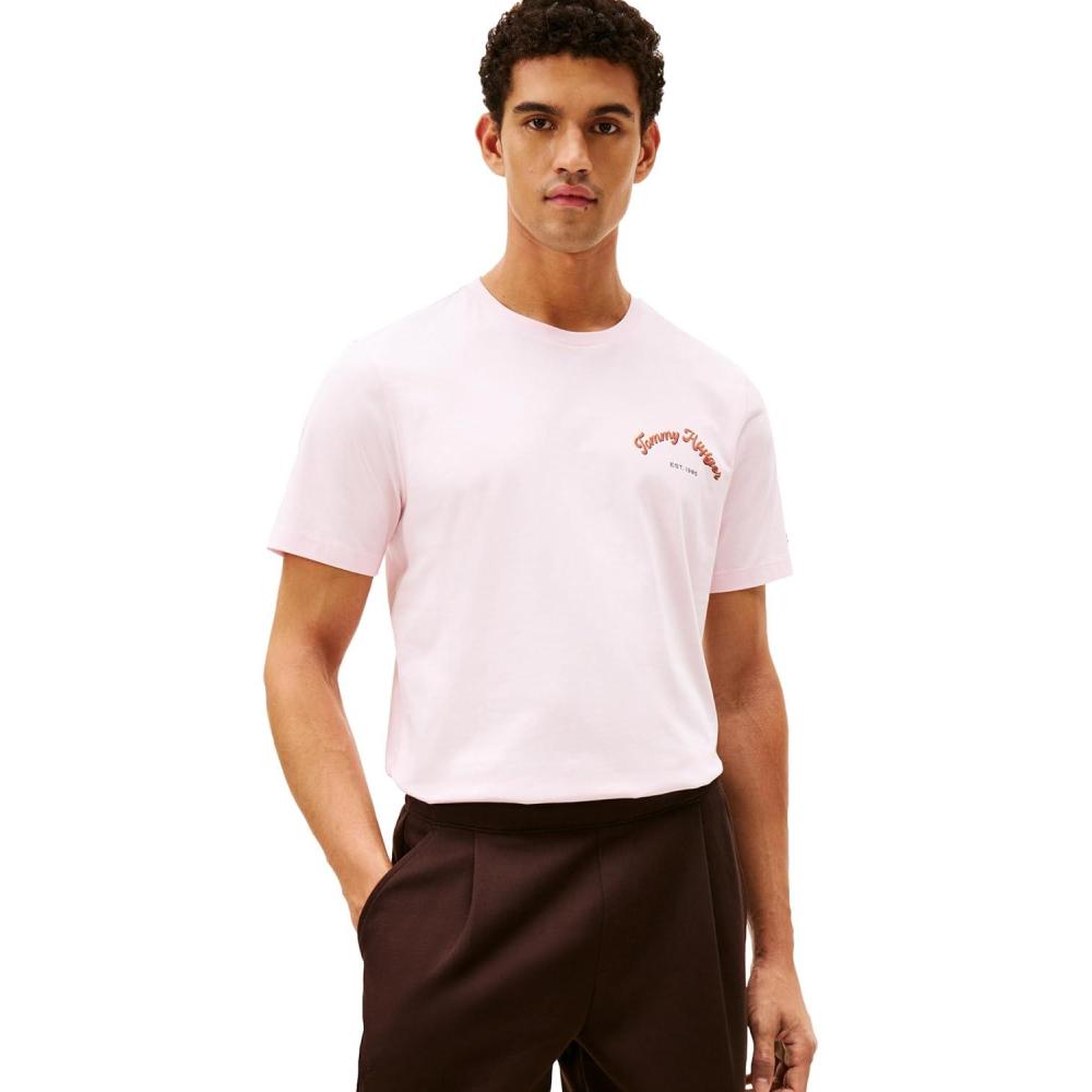 imageTommy Hilfiger Mens Short Sleeve Cotton Graphic TShirts with Printed Arched Back GraphicLight Pink