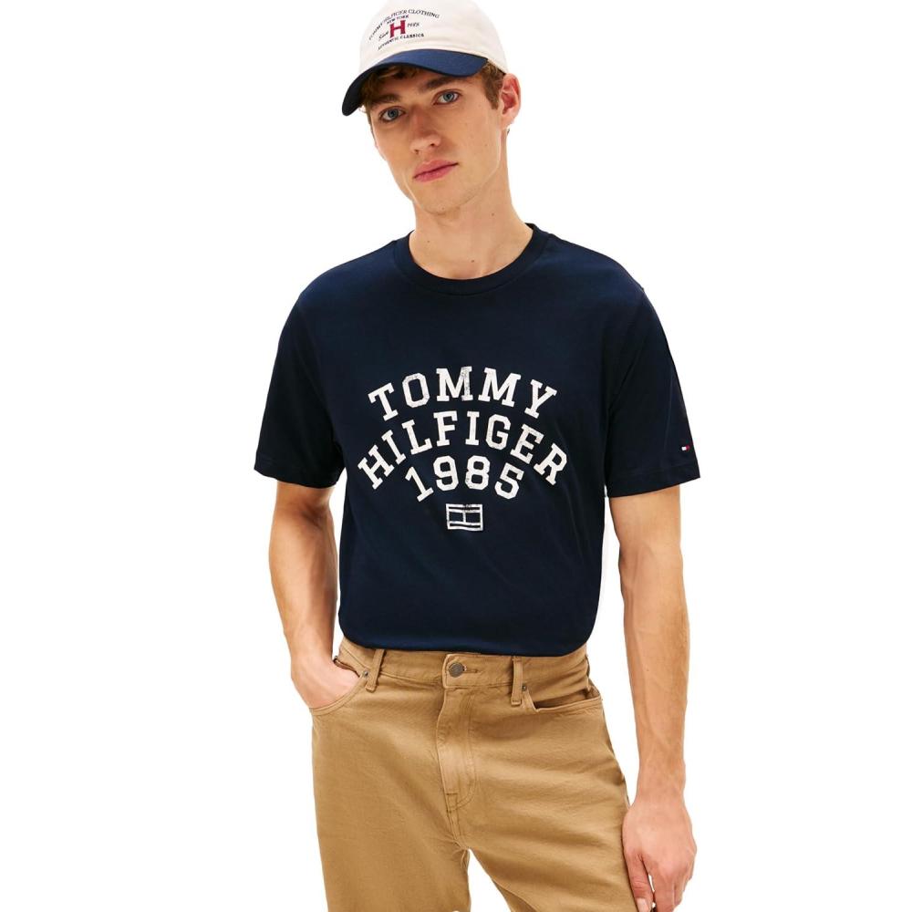 imageTommy Hilfiger Mens Short Sleeve Cotton Graphic TShirts with Printed Arched GraphicDesert Sky