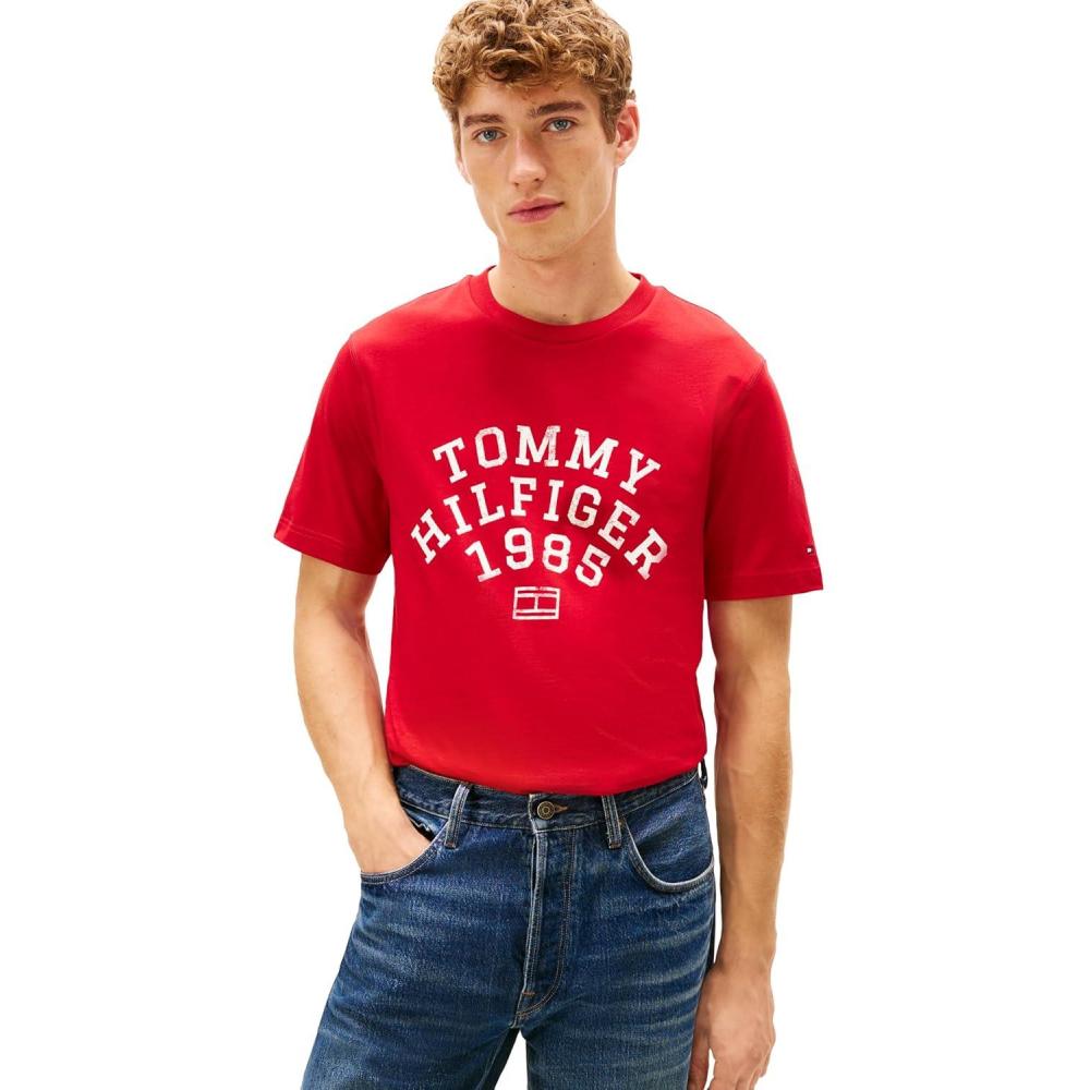 imageTommy Hilfiger Mens Short Sleeve Cotton Graphic TShirts with Printed Arched GraphicMedium Red