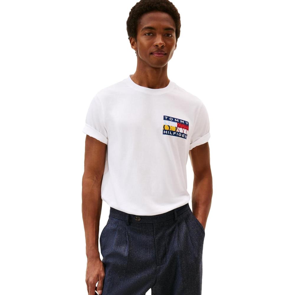 imageTommy Hilfiger Mens Short Sleeve Cotton Graphic TShirts with Printed Color Flag LogoWhite