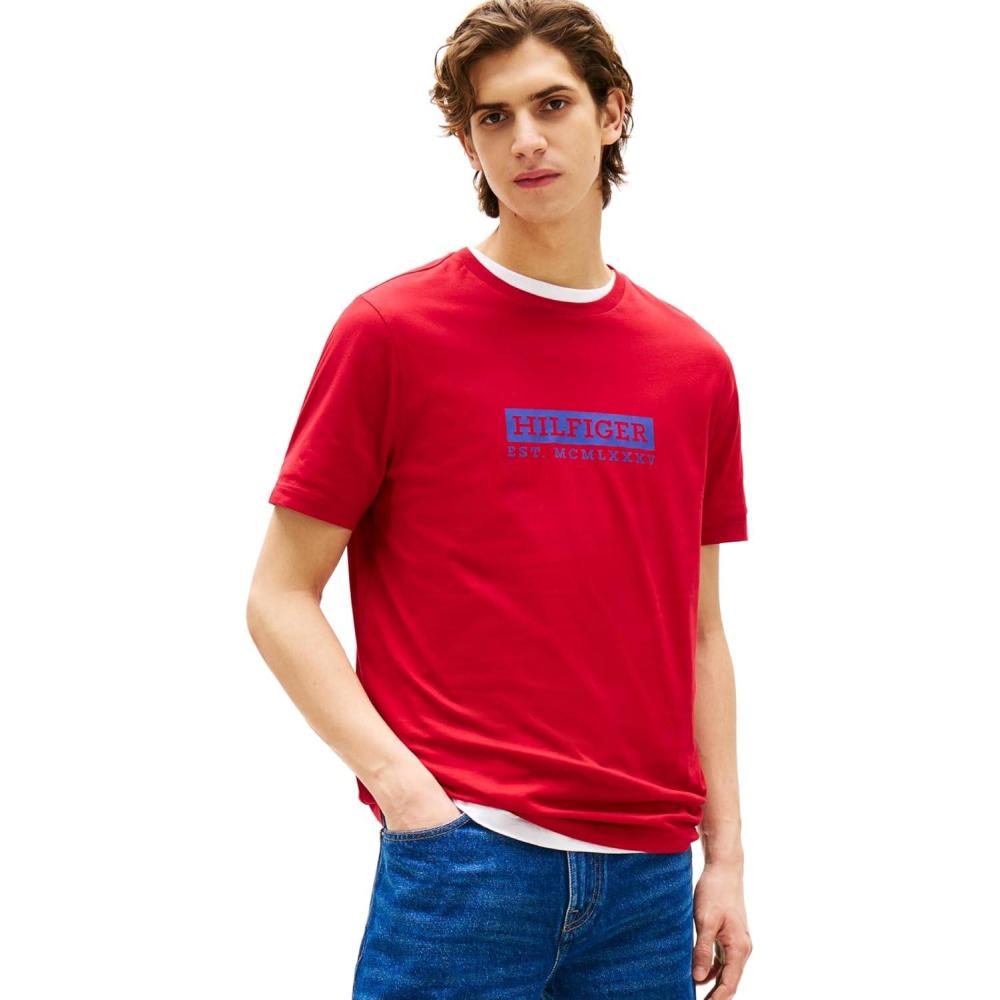 imageTommy Hilfiger Mens Short Sleeve Cotton Graphic TShirts with Printed Logo Also Available in Big ampamp TallMedium Red