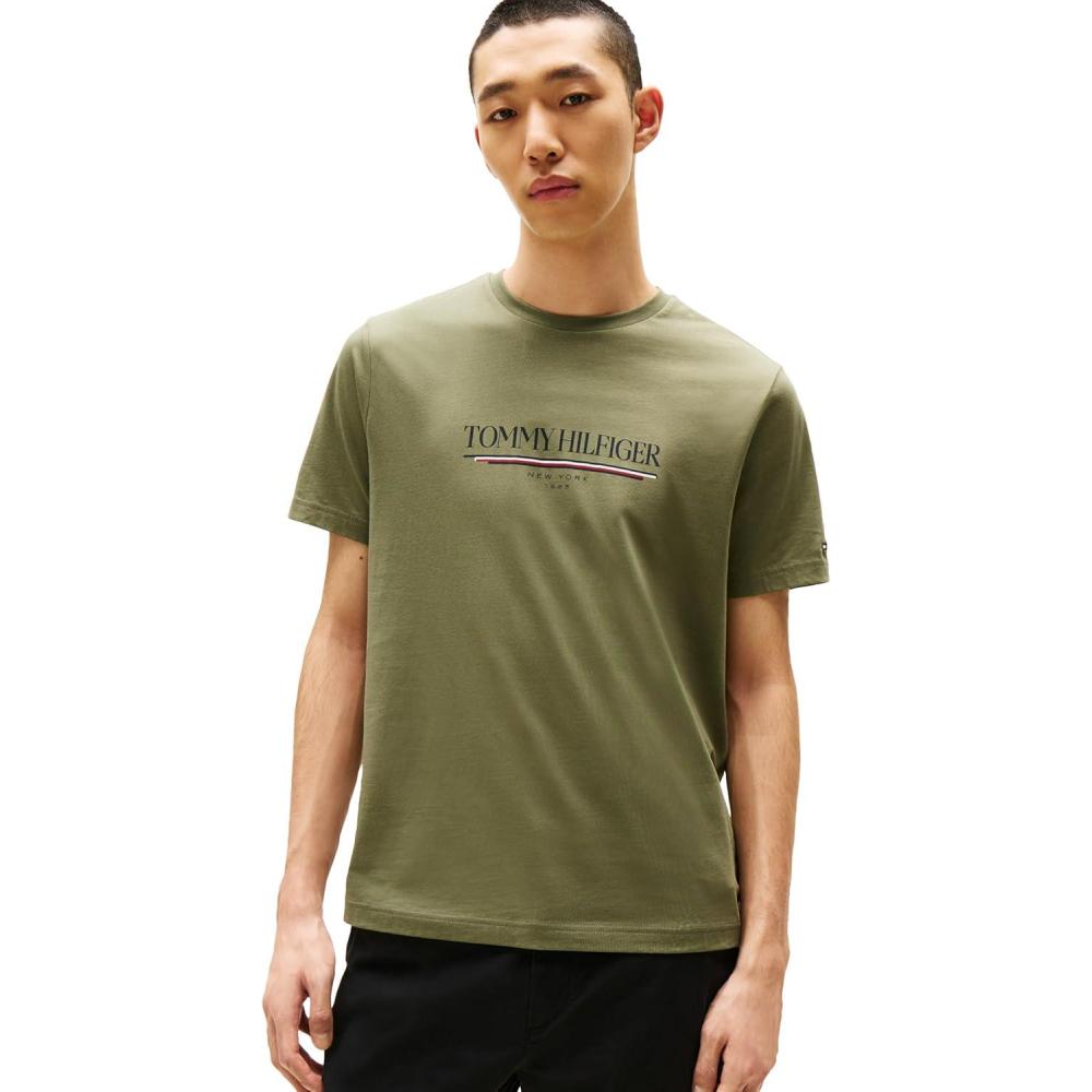 imageTommy Hilfiger Mens Short Sleeve Cotton Graphic TShirts with Printed LogoBattle Green
