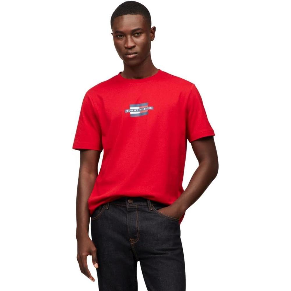 imageTommy Hilfiger Mens Short Sleeve Cotton Graphic TShirts with Printed LogoMedium Red
